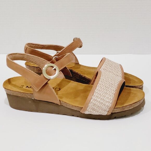 Naot Cecile Sandals Women's 39 Size 8 8.5 Latte Brown Leather Sand Raffia Wedges - Picture 5 of 12